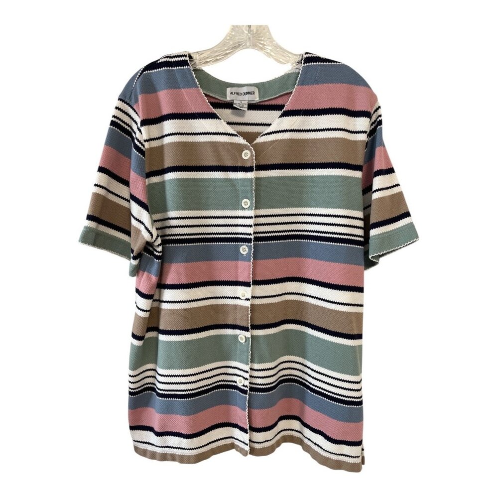 Alfred Dunner 1X Striped Button Front Knit Top Womens Plus Size Short Sleeve Cas